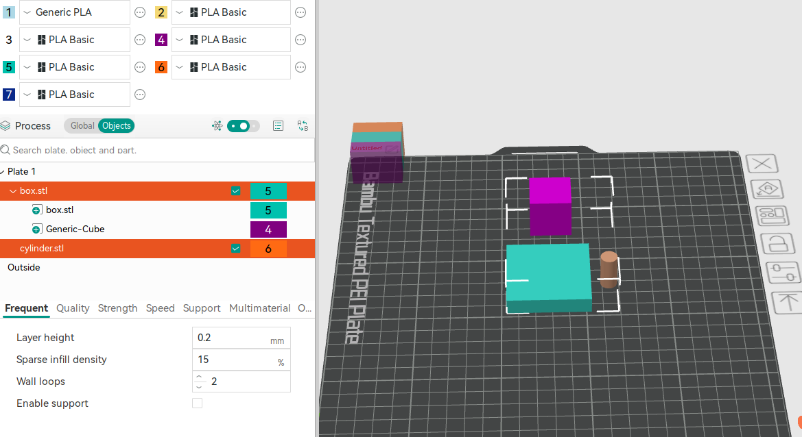 Selecting the box and cylinder parts in OrcaSlicer