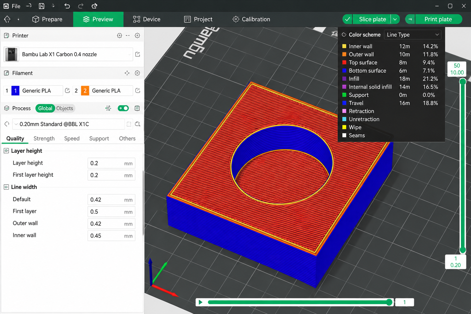 Sliced preview showing the completed recess