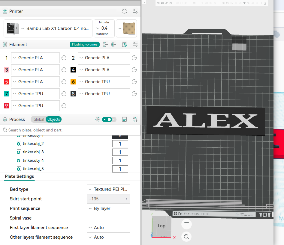 ALEX nameplate prepared in the slicer