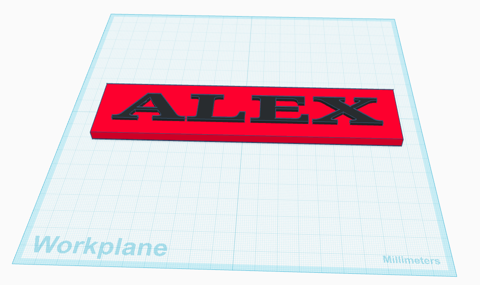 ALEX nameplate model shown on the Tinkercad workplane